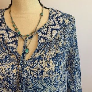 Lucky Brand Small Blue Patterned Tunic Style Top